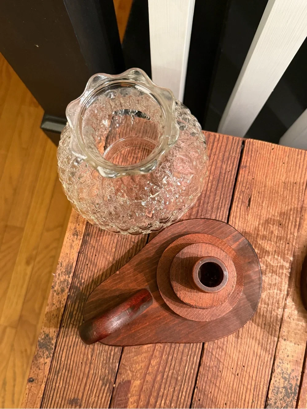 Pair of Vintage Quilted Glass Hurricane Shades with Wooden Handled Base
